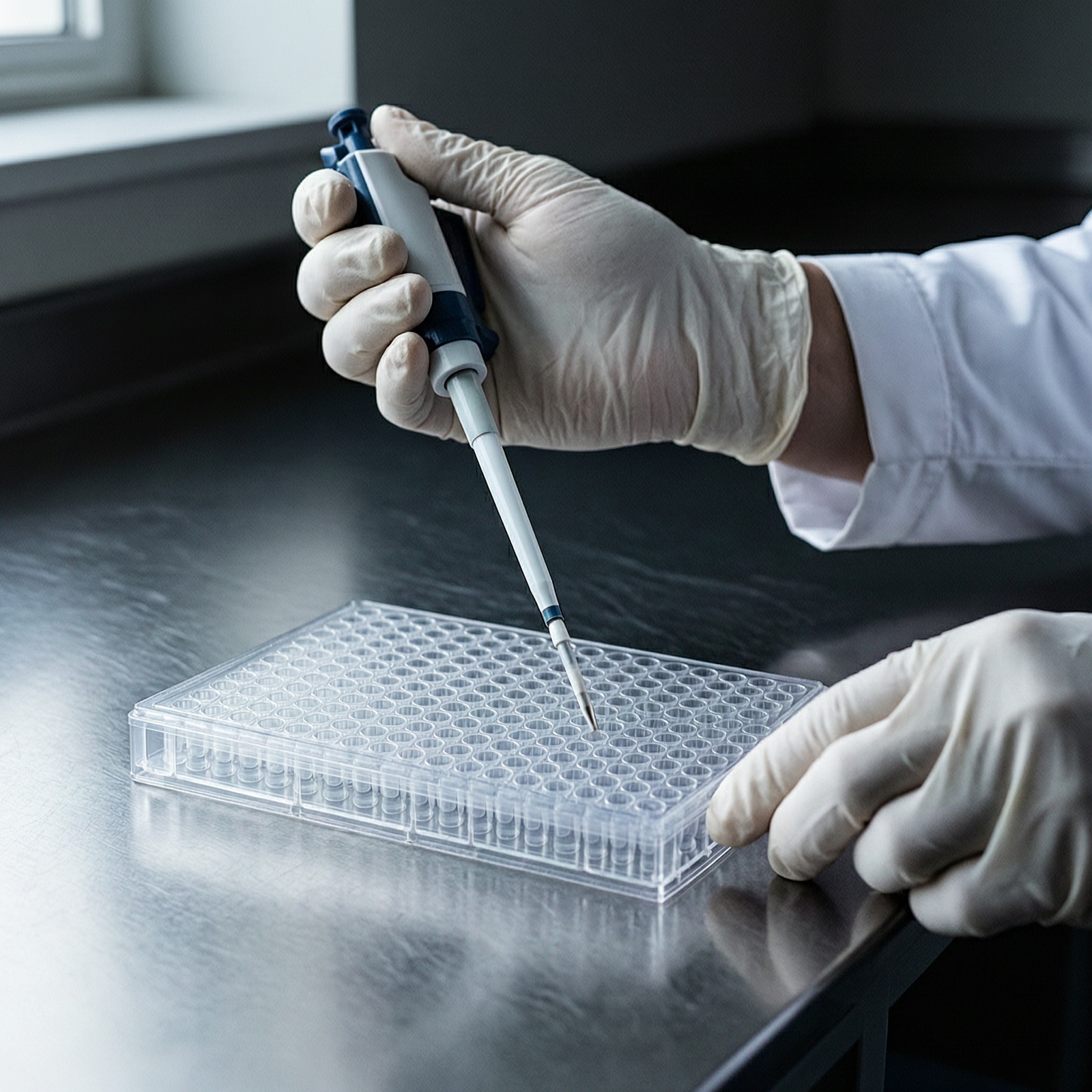 Gloved hands dispensing a sample into a microplate with a micropipette